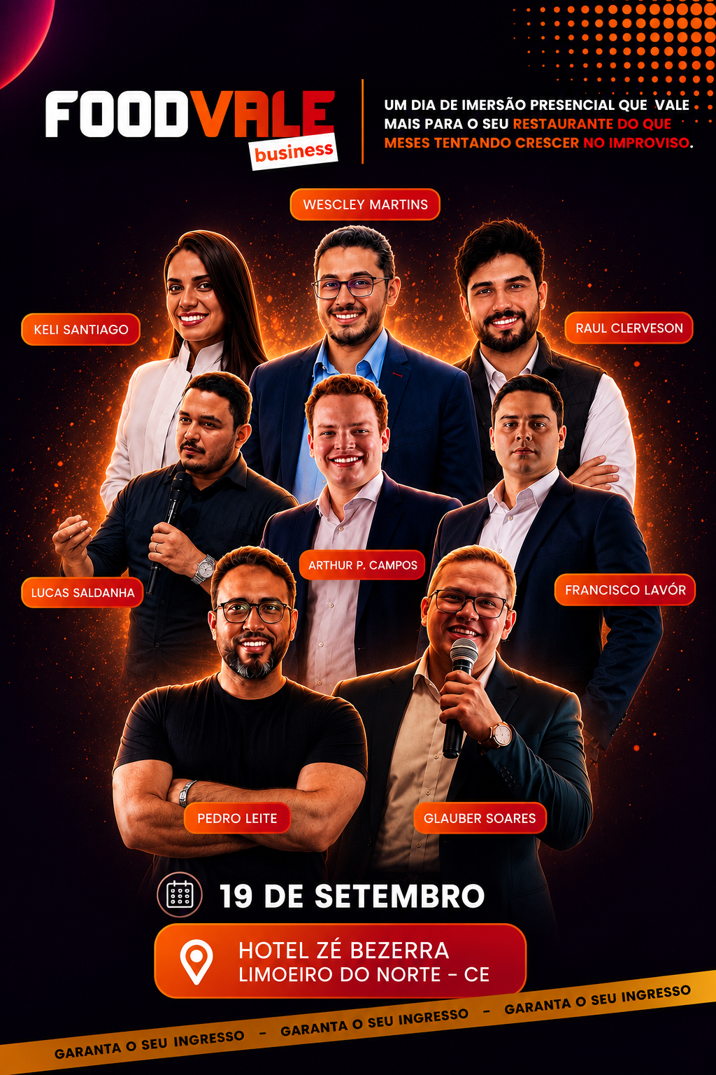 Cartaz oficial da Food Vale Business com mentores, data e local do evento